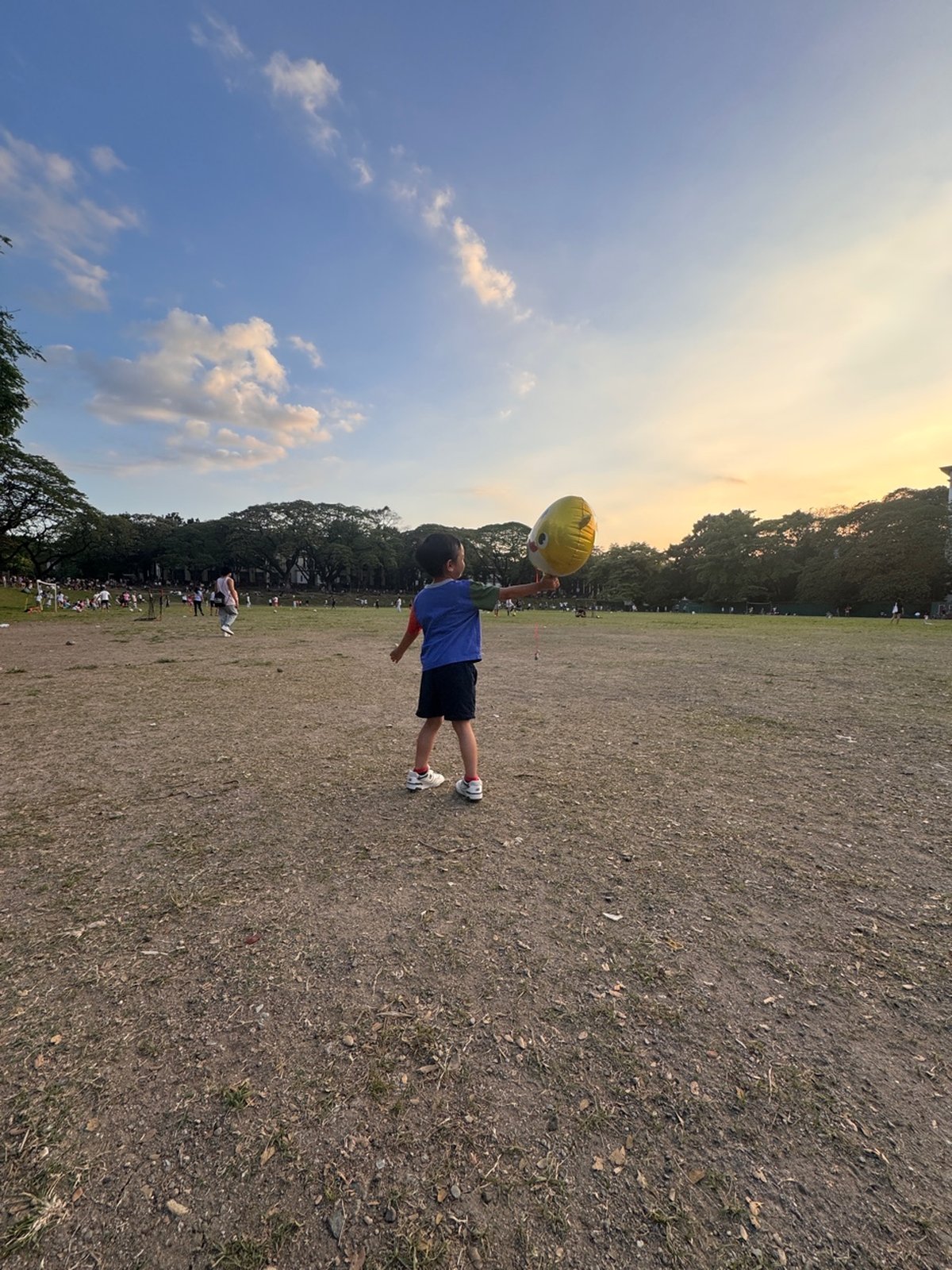 A child walking through an open field at golden hour, holding a balloon — facing away from the camera toward a beautiful sunset sky